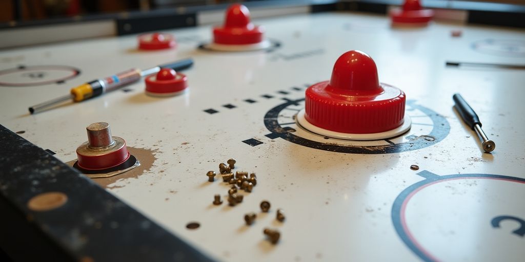 Air hockey table with tools for repair.