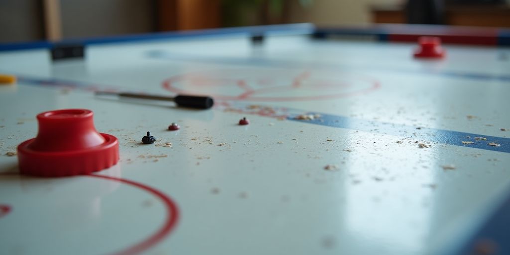 Air hockey table with visible wear and repair tools nearby.