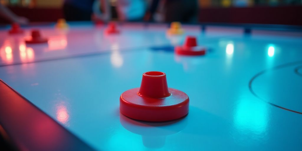 Close-up of a polished air hockey table surface.